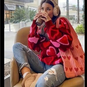Red pink valentine heart print intarsia Sherpa soft cardigan sweater jacket top